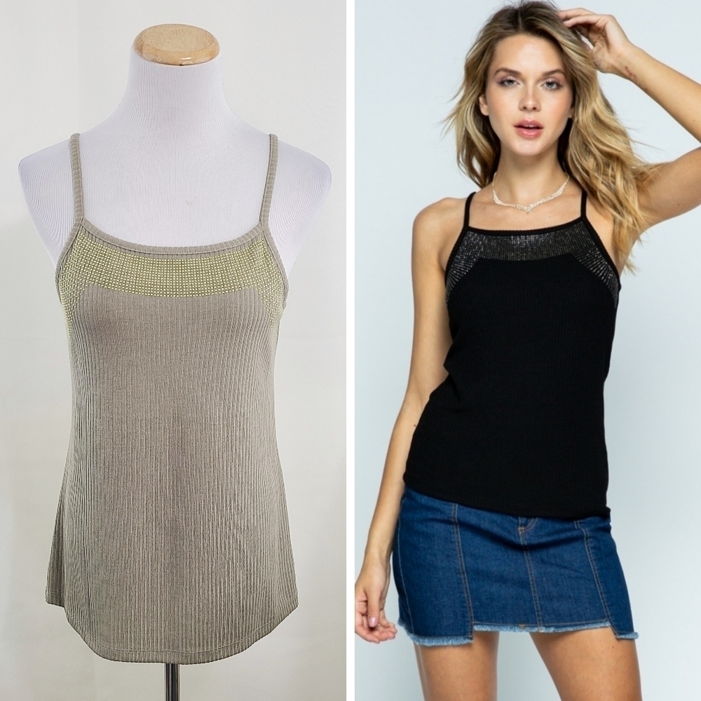Vocal sage green rhinestone studded tank top women's size small NEW bling